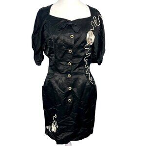 Vintage Black Dress Square Neck Puff Sleeve Bow Detail Small